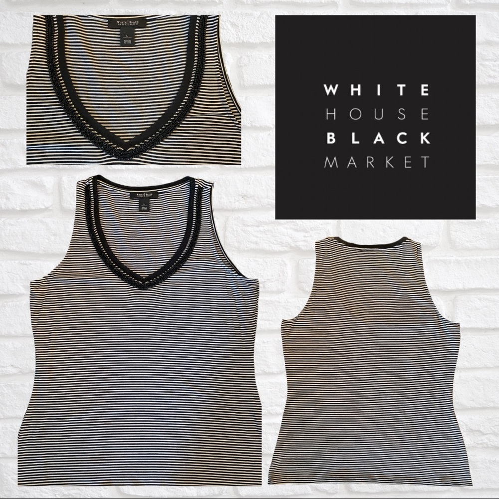 White House Black Market Striped Beaded V-Neckline
